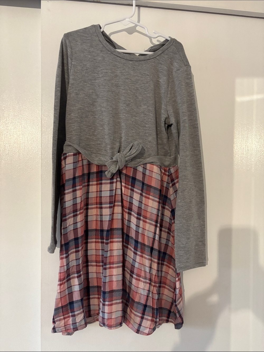Girls mixed media dress. Knit top and plaid on the bottom.